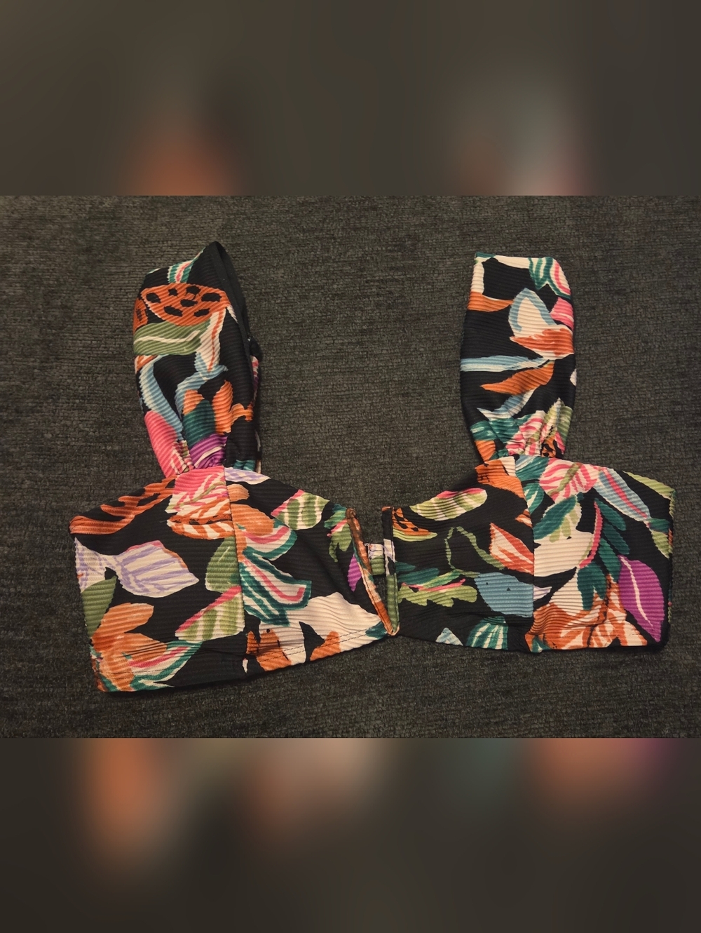 Time and Tru Black Floral Print Bikini Top with Multicolor Leaves
